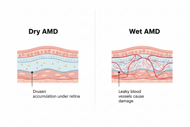 Medical diagram showing dry AMD with drusen under the retina and wet AMD with leaky blood vessels causing vision damage.