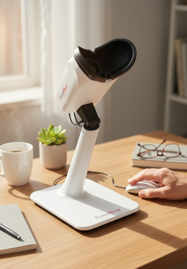 ForeseeHome vision monitoring device on a home desk, showing how patients test daily for early AMD detection.