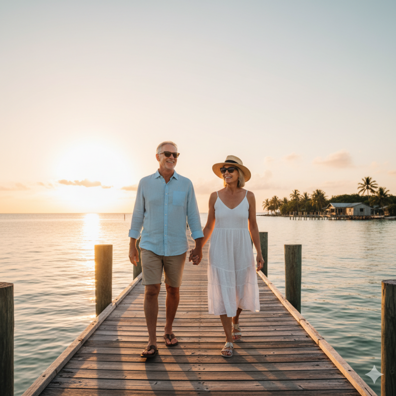 Smiling older couple walking along a dock at sunset in the Florida Keys, symbolizing healthy vision and active living.