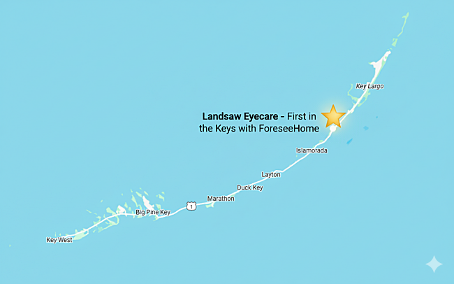 Map of the Florida Keys highlighting Tavernier with a star, showing Landsaw Eyecare as the first in the Keys with ForeseeHome technology.