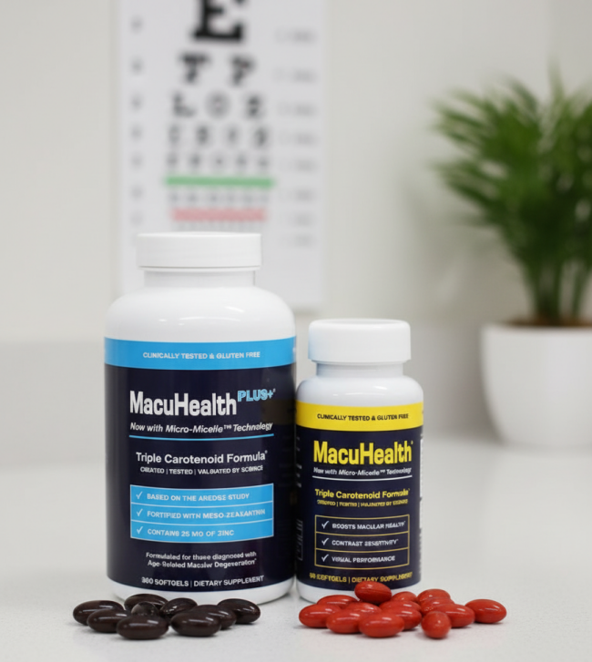 MacuHealth and MacuHealth Plus supplement bottles in a clinical setting, supporting macular health and AMD prevention.