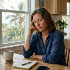 Woman pressing her temple at a Florida Keys kitchen table experiencing a headache from BVD
