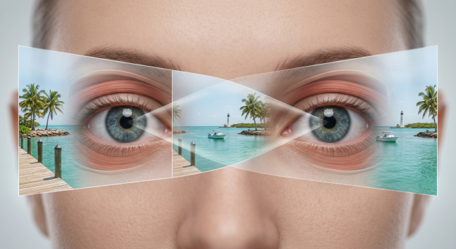 Anatomical illustration showing split binocular vision with Florida Keys coastal scenes in each eye