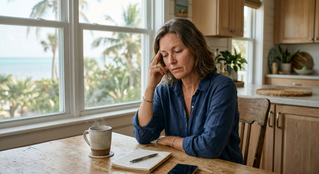Woman pressing her temple at a Florida Keys kitchen table experiencing a headache from BVD