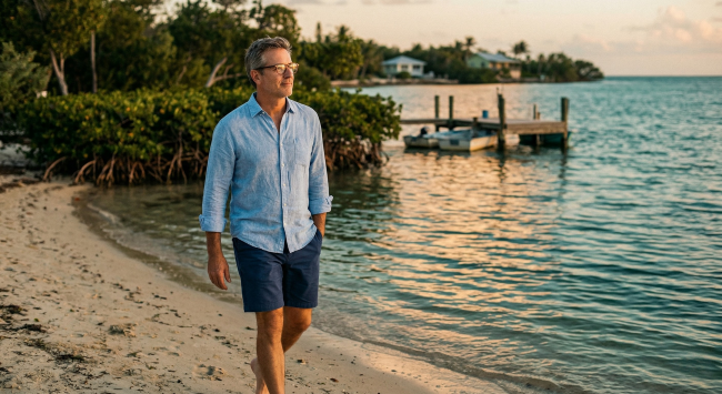 Man wearing glasses walking peacefully along a Florida Keys shoreline at golden hour