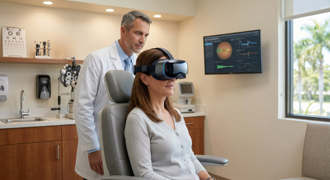 Patient wearing VR eye tracking headset during binocular vision assessment at Landsaw Eyecare