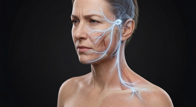 Photorealistic illustration of trigeminal nerve pathways radiating from the eyes across the face and neck